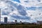 Dramatic clouds above Moscow buildings in spring