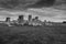 Dramatic clouds over Stonehenge in black and white