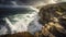 Dramatic Coastal Scene of Stormy Clouds, Ocean Waves, Cliffs, and Rock Formations - Seascape in Golden Hour - Generative AI