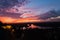 Dramatic colorful sunset over confluence of Danube and Sava river in Belgrade