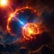 A dramatic cosmic scene unfolds with an explosive solar flare erupting from the sun\\\'s surface