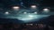 Dramatic depiction of a UFO fleet in the night sky signaling a possible alien encounter