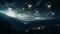 Dramatic depiction of a UFO fleet in the night sky signaling a possible alien encounter