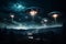 Dramatic depiction of a UFO fleet in the night sky signaling a possible alien encounter