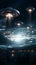 Dramatic depiction of a UFO fleet in the night sky signaling a possible alien encounter