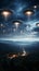 Dramatic depiction of a UFO fleet in the night sky signaling a possible alien encounter