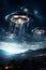 Dramatic depiction of a UFO fleet in the night sky signaling a possible alien encounter