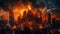 Dramatic digital artwork of a city engulfed in flames against a dusky sky