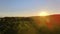 Dramatic drone shot revealing the landscape through apple trees at sunrise