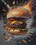 Dramatic and Dynamic Burger with Emphasis on Grilled Patties and Melting Cheese, Generative AI