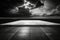 Dramatic Empty Concrete Floor Noir Background Scene with Black and White Sky Clouds