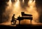 Dramatic environment with smoke and fog with piano silhouette on a stage. Music time. AI generated