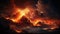 Dramatic eruption: streams of lava flow from a glowing mountain peak.