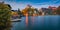 Dramatic evening view of Johannesbergkapelle church. Amazing scene of Traunsee lake. Colorful autumn landscape of Austrian Alps wi