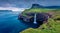 Dramatic evening view of Mulafossur Waterfall. Dark cloud on Vagar island, Gasadalur village location, Faroe Islands, Kingdom of D