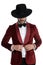 Dramatic fashion man in red velvet tuxedo adjusting coat