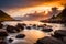 A dramatic and fiery sunset over a rocky coastal inlet