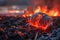 Dramatic Fiery Volcanic Landscape with Molten Lava Illuminating Smoke and Ashes at Twilight