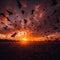 Dramatic flock of birds flying in the sunset, created with generative AI