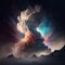 Dramatic formation of colourful bright clouds in the dark cosmic sky