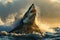 Dramatic great white shark breach photorealistic medium shot with scenic spotlight