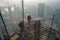 A dramatic, high-angle shot of skyscraper builders working at dizzying heights, skillfully assembling steel beams and securing