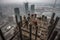 A dramatic, high-angle shot of skyscraper builders working at dizzying heights, skillfully assembling steel beams and securing