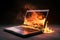 Dramatic Image of a Laptop Engulfed in Flames, Symbolizing Tech Troubles and Digital Disasters, created with Generative AI