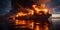 Dramatic image of massive cargo ship on fire at sea. Concept Ship Fire, Emergency Response, Maritime Disaster, Ocean Blaze, Cargo