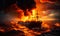 Dramatic inferno at sea: intense flames engulfing a ships deck at sunset, a fierce maritime disaster unfolding in the vast