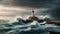 A dramatic and intense background featuring a stormy sky, crashing waves, and a lighthouse standing tall against the elements.