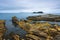 Dramatic landscape of the Ballintoy Harbor shoreline in Northern Ireland