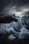 dramatic landscape with jagged ice formations, dark mountains, and a moody, overcast sky, ai generative