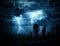 Dramatic landscape with zombies in cemetery, lightning in sky during a thunderstorm. Walking dead\\\'s in graveyard