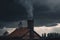 dramatic lighting and stormy sky in the background with chimney standing against the dark clouds