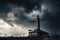 dramatic lighting and stormy sky in the background with chimney standing against the dark clouds
