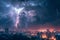 Dramatic lightning illuminates city skyline in nocturnal urban scene