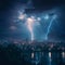 Dramatic lightning illuminates city skyline in nocturnal urban scene