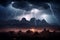 Dramatic lightning storm over a rugged mountain range. Generative AI