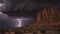 A dramatic lightning storm over a rugged, rocky landscape with dark clouds and lightning