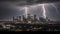 A dramatic lightning strike over a dark and stormy city skyline created with Generative AI