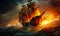 Dramatic maritime scene of tall ships engaged in a fierce battle on the high seas, with fiery explosions and turbulent ocean waves