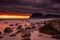 Dramatic midnight sunset with amazing colors over Uttakleiv beach on Lofoten Islands,  Norway