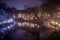 Dramatic and moody view of the night lights in the old town of Opole in Poland