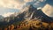 Dramatic mountain landscape with sunlit large hill with sharp rocks and trees in cloudy sky. Big shadows of clouds on rocky