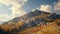 Dramatic mountain landscape with sunlit large hill with sharp rocks and trees in cloudy sky. Big shadows of clouds on rocky