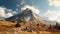 Dramatic mountain landscape with sunlit large hill with sharp rocks and trees in cloudy sky. Big shadows of clouds on rocky