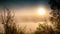 Dramatic mystical twilight landscape with rising sun, tree, reed and fog over water.