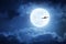 Dramatic Nighttime Sky With Large Full Blue Moon and Commercial Aircraft