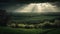 A dramatic and ominous sky over a green countryside with rays of sunlight visible through the clouds created with Generative AI